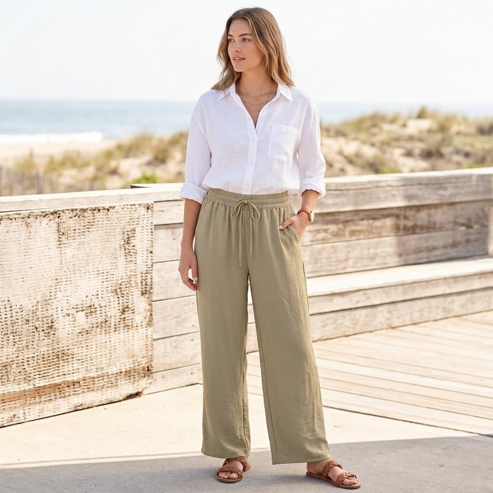 Devoted Wide Leg Pants Women Olive Green High Rise Drawstring XS